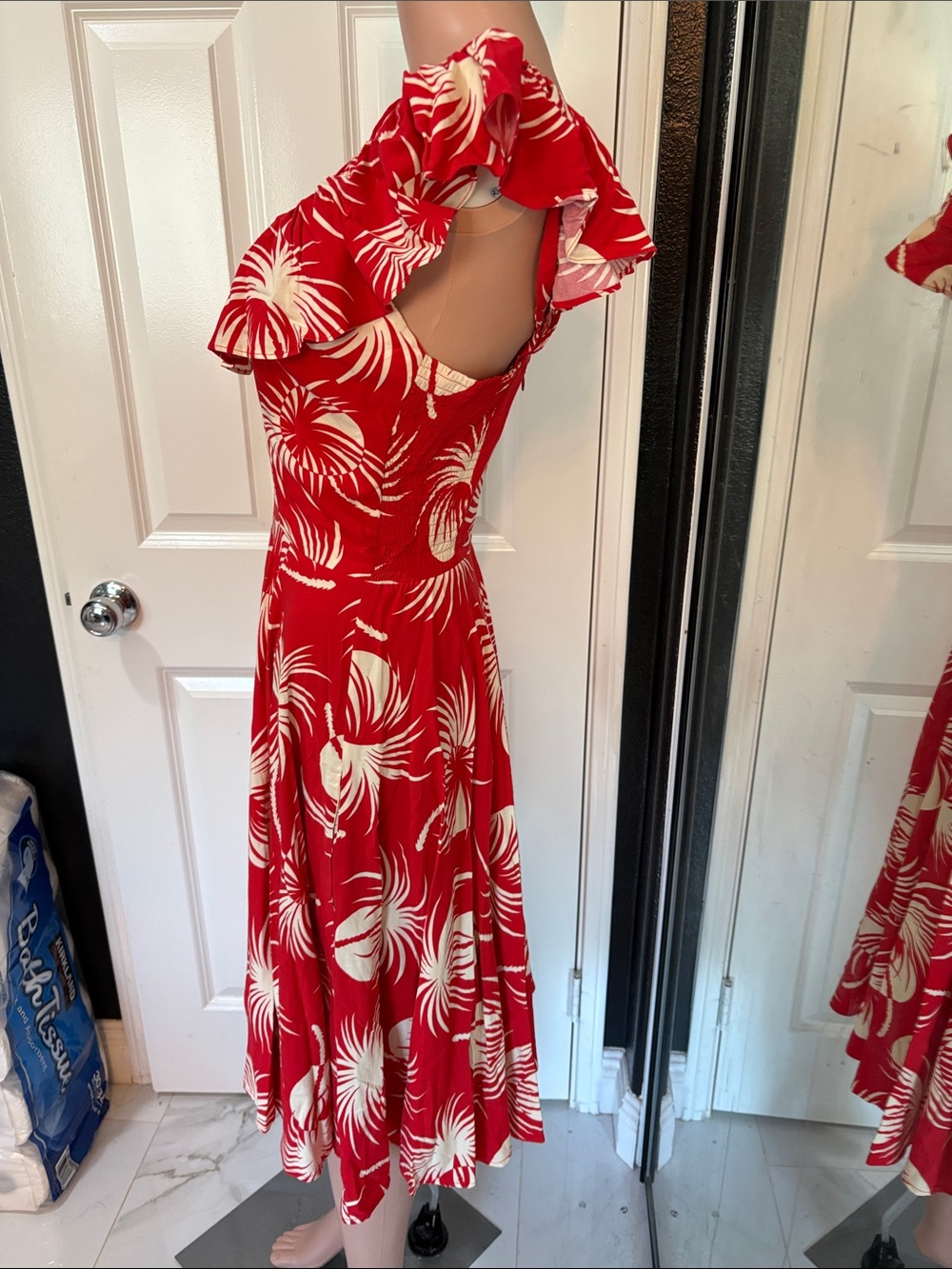 Trashy Diva Red and White Tropical Ruffle Midi Dress Rockabilly Pinup - Picture 4 of 7